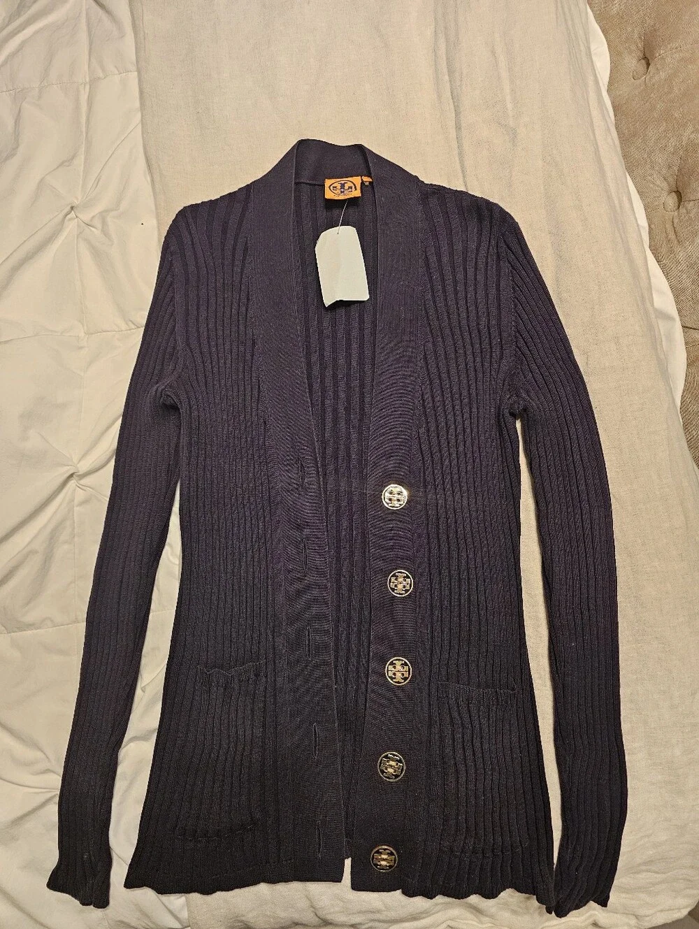 Tory Burch Ribbed Simone Cardigan Navy